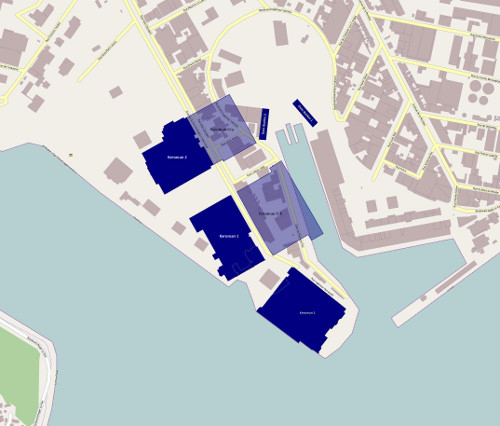 Mapa de las bases de submarinos Keroman y sus expansiones nunca construídas